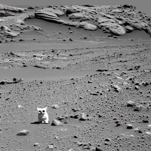 Prompt: Cat looking figure in the distance, an old restored photo from a Curiosity Mars rover