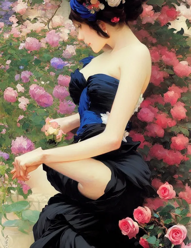 Image similar to beautiful anime woman in tight black dress sitting among blue roses, krenz cushart, mucha, by joaquin sorolla rhads leyendecker, by ohara koson