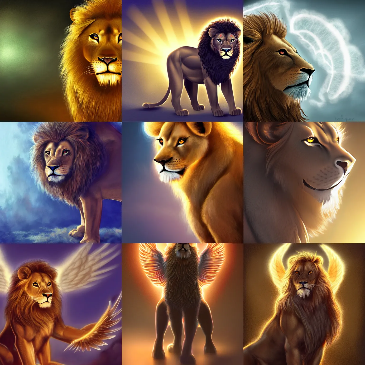 Prompt: very very beautiful furry art, male anthro lion with angel wings, backlit, astonishing lighting, high quality digital art, commission on furaffinity