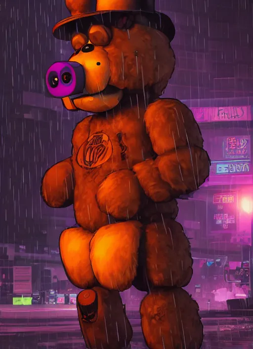 Image similar to character portrait of Freddy Fazzbear from Five Nights at Freddy's in a cyberpunk city at night while it rains. hidari, color page, tankoban, 4K, tone mapping, Akihiko Yoshida. Nomax, Kenket, Rukis. comic book style, photorealistic, professional lighting, hyperdetailed, high resolution, high quality, dramatic, deviantart, artstation, 4k, real photo