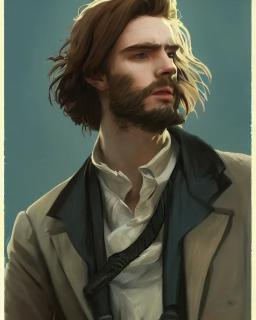 Prompt: portrait, cute young man, long hair, post - apocalyptic, waistcoat, black greatcoat, blue scarf, very detailed, dusk, character illustration, cloudy sky, soft lighting, octane render, greg rutkowski, alphonse mucha, sung choi, 8 k