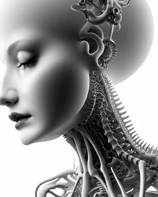 Image similar to white background, halo, dreamy foggy elegant soft luminous bw profile face 3 d render of a beautiful young biomechanical - porcelain - female - cyborg with a delicate detailed mandelbrot fractal texture skin and a very long neck with gothic pearl embroidered collar, white smoke atmosphere, rim light, hg giger, 8 k