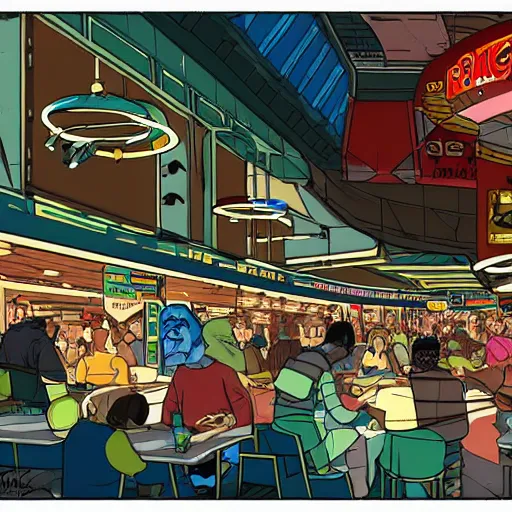 Image similar to food court at a crowded space station, jim henson creature shop, mike mignogna, cyberpunk, retrofuture, illustration