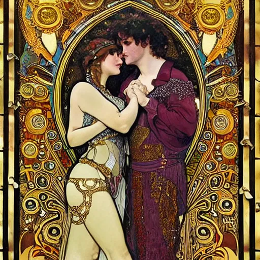 Prompt: realistic detailed dramatic symmetrical portrait of David and Dalida as Salome dancing, wearing an elaborate jeweled gown, by Alphonse Mucha and Gustav Klimt, gilded details, intricate spirals, coiled realistic serpents, Neo-Gothic, gothic, Art Nouveau, ornate medieval religious icon, long dark flowing hair spreading around her