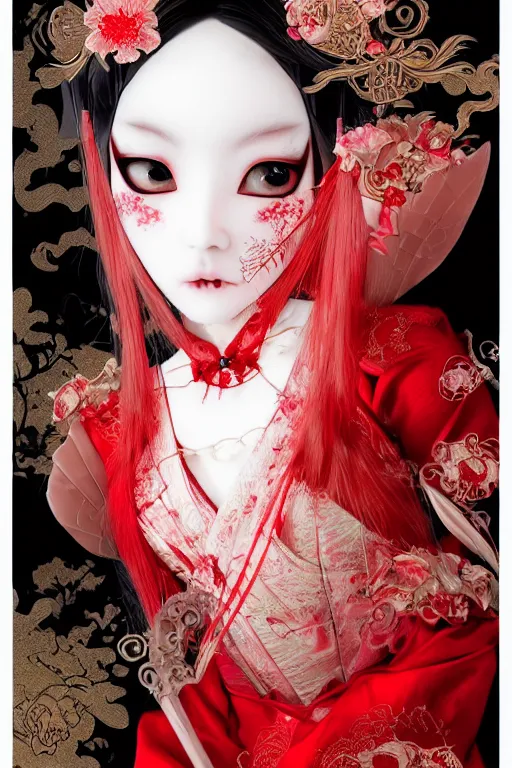 Prompt: japanese bjd geisha vampire in victorian red dress in the style of dark - fantasy lolita fashion painted by yoshitaka amano, takato yamamoto, james jean, symmetrical vogue face portrait, volumetrics, intricate detail, artstation, cgsociety, artgerm, gold skulls, rococo