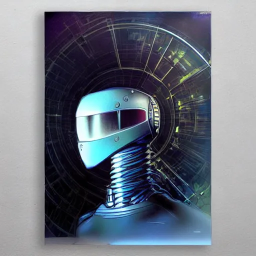 Prompt: a simple concept art portrait of an amazingly designed robot with a sleek modern helmet. an award winning yoshitaka amano digital art poster color painting. a masterpiece by james gurney. poster colour on canvas.