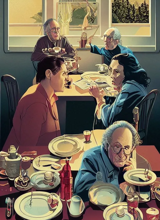 Prompt: poster artwork by Michael Whelan and Tomer Hanuka, Karol Bak of Larry David sitting along in the diner, from scene from Twin Peaks, clean, simple illustration, nostalgic, domestic, full of details