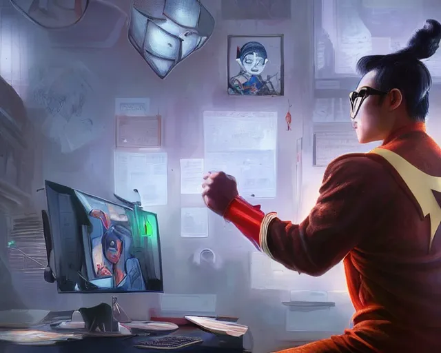 Image similar to an insanely detailed painting of a nerdy asian man wearing a superhero costume, sitting at a desk, staring at the nervously at the computer and typing, in the style of peter mohrbacher, dramatic lighting and composition, octane render, pixar, trending on artstation, concept art, comic book, view from behind