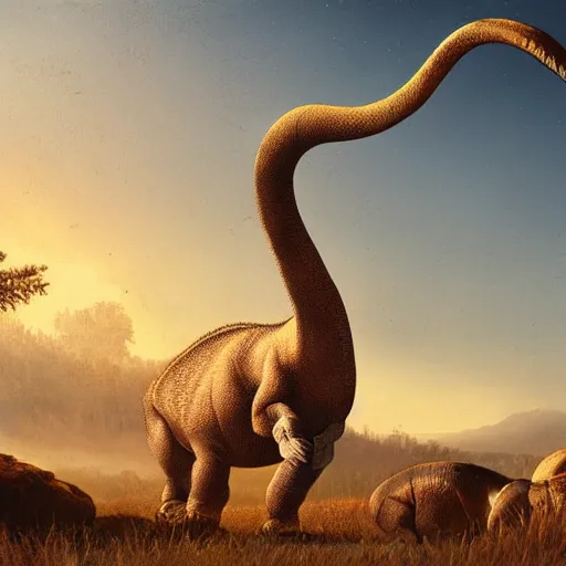 Image similar to dimetroton brontosaurus mix hybrid, paleoart by Julius T. Csotonyi, highly detailed, night, volumetric lighting