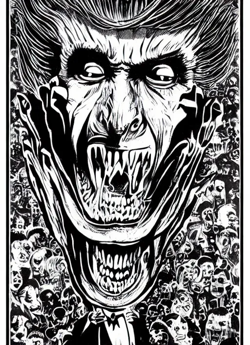 Prompt: Donald Trump's true form on a 1960s horror movie poster, inking, vintage 60s print, detailed, scary, horror, screen print, trending on artstation