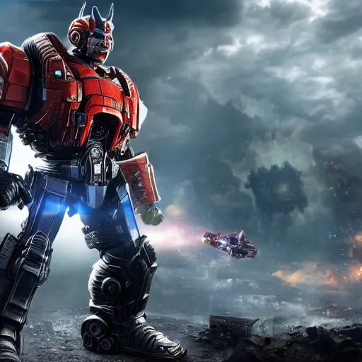 Prompt: donald trump as optimus prime in gears of war, splash art, movie still, detailed face, photorealistic facial features, cinematic lighting, dramatic, octane render, long lens, shallow depth of field, bokeh, anamorphic lens flare, 8 k, hyper detailed, 3 5 mm film grain