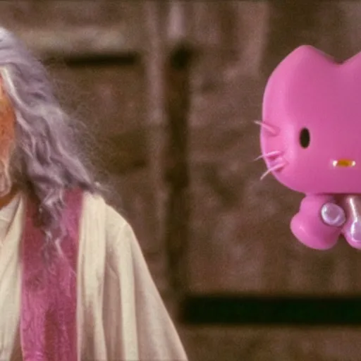Image similar to gandalf wearing light pink robes, hello kitty hair clip, movie still from the lord of the rings