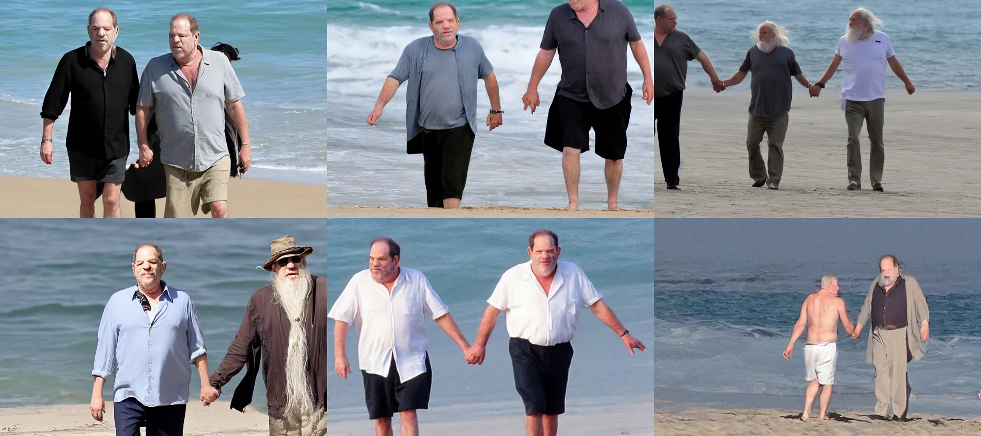 Prompt: harvey weinstein holding hands with gandalf on the beach