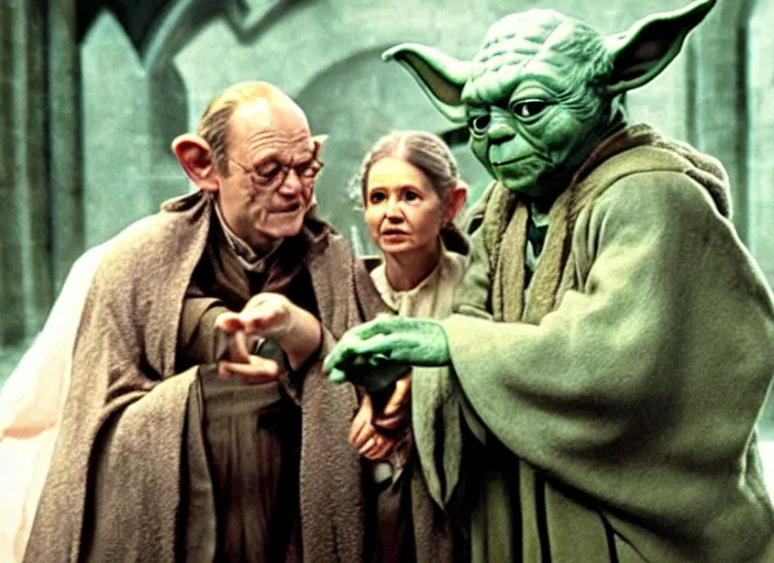 Image similar to a film still of the professors yoda and leia making spells in harry potter