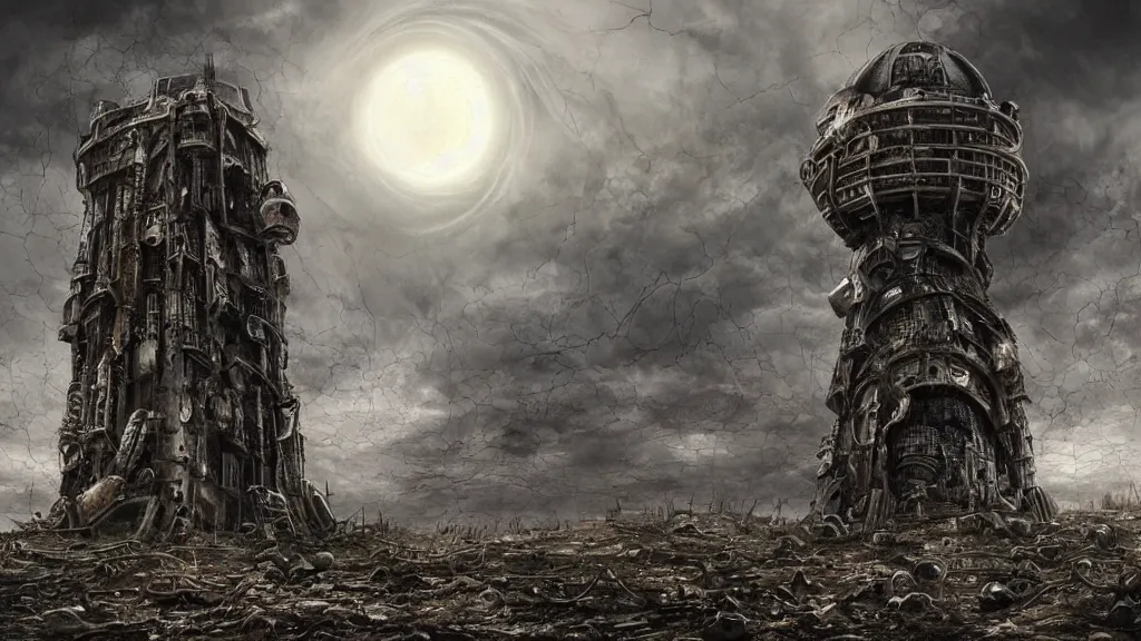 Image similar to A tower with an Eyeball at the top, BioMechanical like Giger, with tentacles coming out, looking over a stormy post-apocalyptic wasteland, dystopian art, wide lens