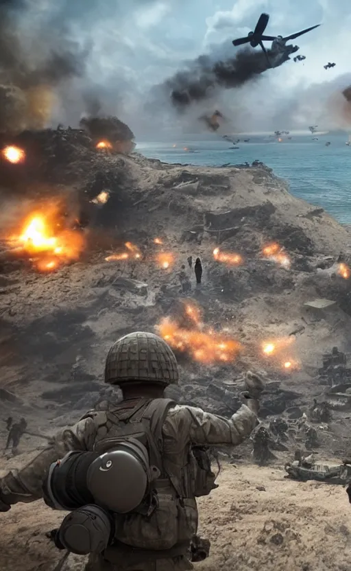 Image similar to gopro footage of d - day, with soldiers and explosions, ultra realistic, unreal engine, cgi rtx style chrome reflexion global illumination ray tracing hdr arstation pixar and disney unreal,