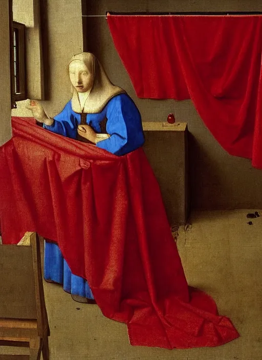 Image similar to red cloth, medieval painting by jan van eyck, johannes vermeer