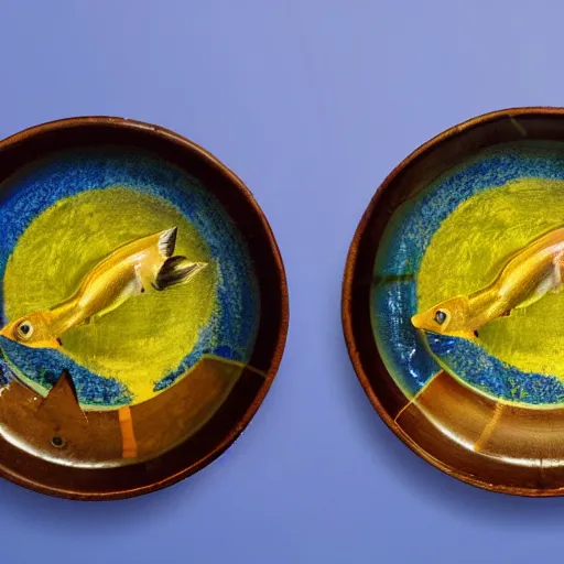 Prompt: there are two round water bowls on a blue table with a blue background. a gold fish is jumping from one bowl to the other one