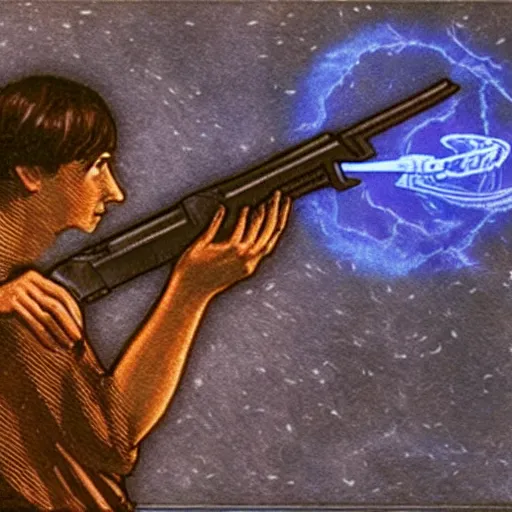 Image similar to photograph of a neolithic person holding a plasma rifle