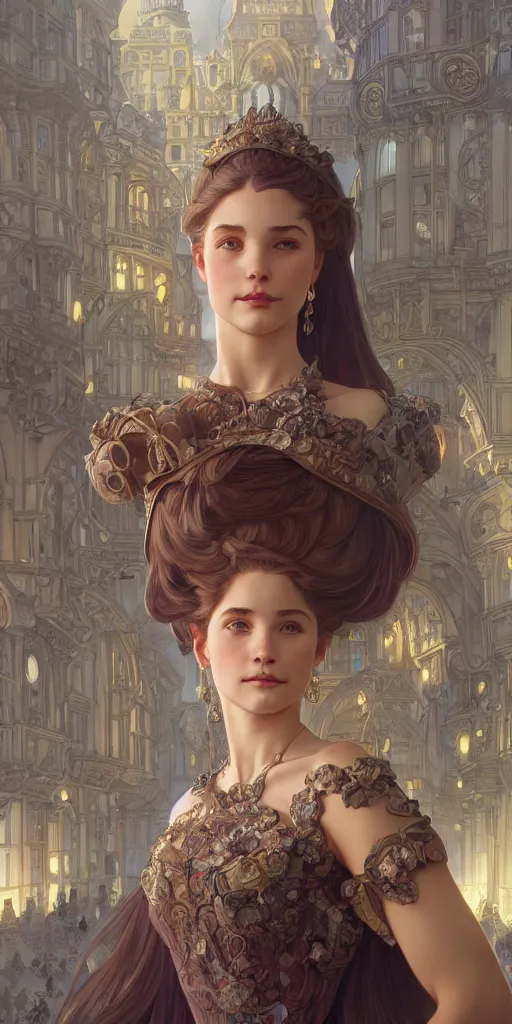 Image similar to mayors daughter, smart, clever, cheeky, elegant fantasy dress, town hall, intricate, highly detailed, digital painting, artstation, concept art, smooth, sharp focus, illustration, Unreal Engine 5, 8K, art by artgerm and greg rutkowski and alphonse mucha, by Jesper Ejsing