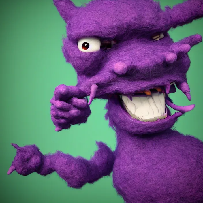 Prompt: a 3D render of a cute purple monster made out of wool, digital art, highly detailed, warm lighting, unreal engine 5, octane render, artgern, trending on artstation, Pixar, by John Coltrane and Marc Simonetti, Manic, inspired by Greg rutkowski