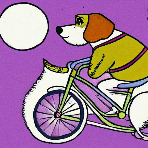 Image similar to illustration of a dog riding a bike in paris in the style of maurice sendak