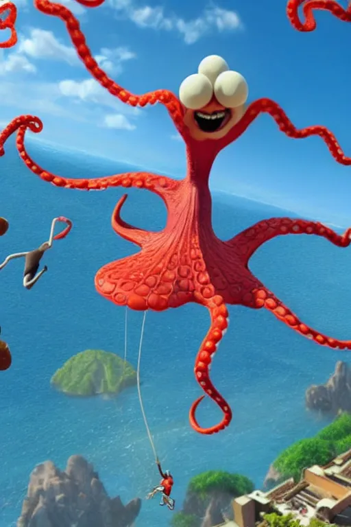 Prompt: Excited octopus jumping from the plane on parachute. Pixar Disney render 3d animation movie Oscar winning