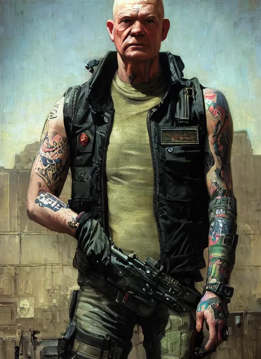 Prompt: dwight eisenhower. cyberpunk mercenary with tattoos wearing a military vest and combat jumpsuit. (Cyberpunk 2077, bladerunner 2049). Iranian orientalist portrait by john william waterhouse and Edwin Longsden Long and Theodore Ralli and Nasreddine Dinet, oil on canvas. Cinematic, hyper realism, realistic proportions, dramatic lighting, high detail 4k