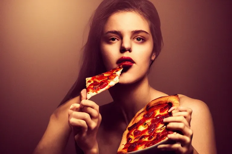 Image similar to A dark, brooding young woman eating a delicious pizza, studio portrait, dramatic lighting, trending on artstation