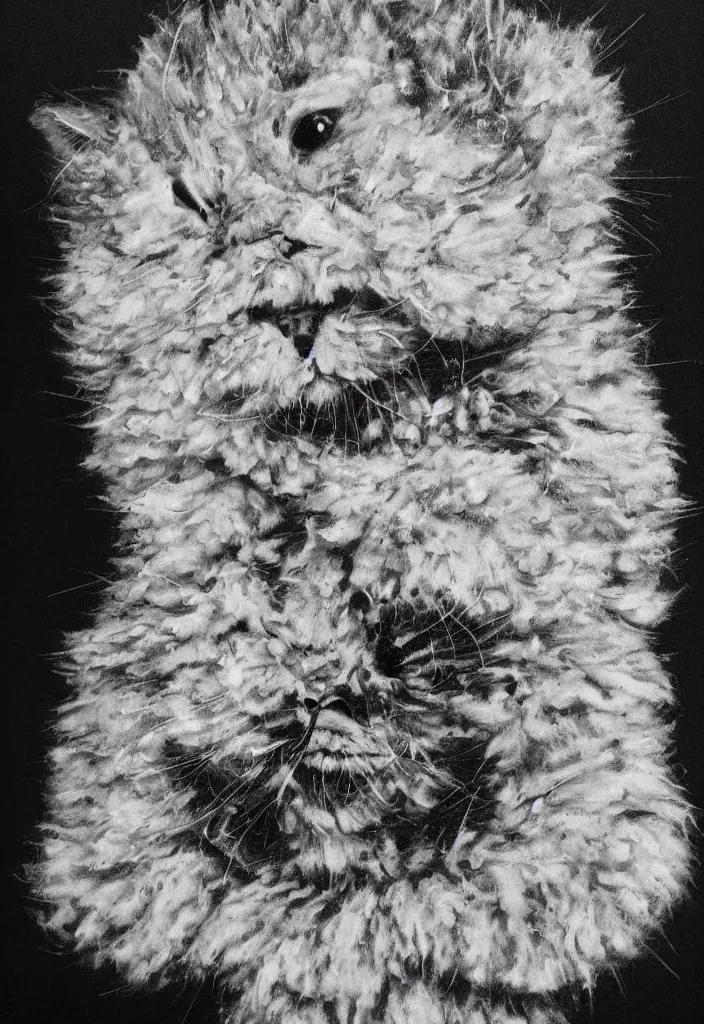 Image similar to fluffy cat with an afro comb t - shirt design, by jules julien, kaws, dark grisaille monochrome neon spraypaint, ironic surrealism, hypebeast