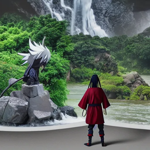 Prompt: 8 k uhd, hashirama senju vs madara uchiha 3 2 feet statue, river, mount, historical place, pilgrims, offerings, visitor, priest, photorealistic, highly details content