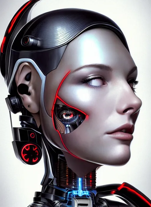 Prompt: portrait of a cyborg woman who turns her head to the ((((((right))))) left+3500 (((((up))))) (((((down))))) by Artgerm,eyes closed , biomechanical, hyper detailled, trending on artstation