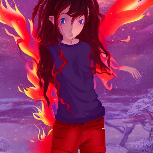 Prompt: magical dark forest with a 3D anime-style indigenous girl with a red-sleeved T-shirt and jeans, her hair glows on fire as she protects the forest with her fire powers.