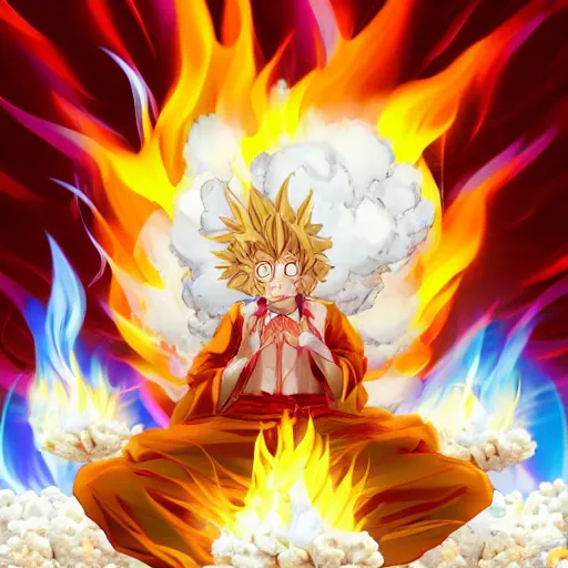 Image similar to fluffy exploding popcorn elemental spirit, in the style of a manga character, with a smiling face and flames for hair, sitting on a lotus flower, white background, clean composition, symmetrical