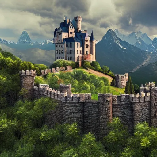 Image similar to a photo of a castle covered by nature, cinematic, very detailed, 8 k uhd, mountains in the horizon