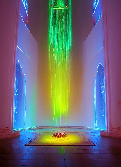 Image similar to florescent waterfall in a church interior with pentacle neon lights painted by Edward Hopper and James Gilleard