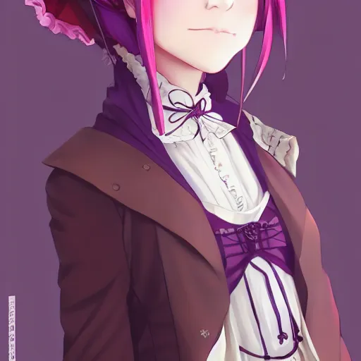 Image similar to wearing full clothing in full clothing victorian dress, beautiful anime woman, purple hair, red eyes, weapon, steampunk, symmetrical face, symmetrical eyes, full round face, short smile, detailed, winter setting, cinematic lighting, medium shot, mid - shot, makoto shinkai, artgerm, ilya kuvshinov, loish