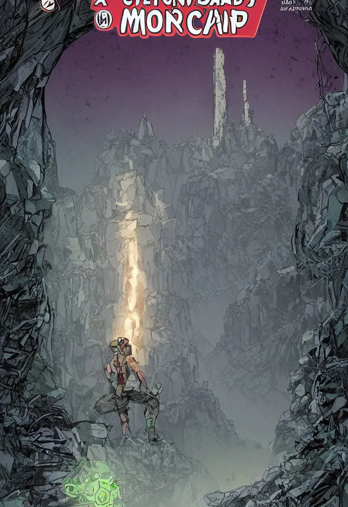 Image similar to a comic book cover of an android soldier with back to the camera, in a forest made of crystal and gemstone, looking across a vast chasm and old rope bridge. on the mountain facing him is a temple made of shards of crystal with a tower glowing in the fog, by francis manapul and by dustin nguyenand