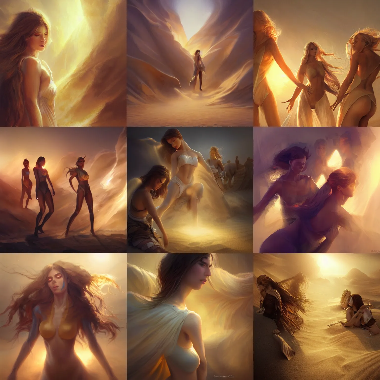 Prompt: flanking squad of sand, golden, ethereal back light, volumetric light, close up, coherent composition, fantasy painting by artgerm, wlop, daarken