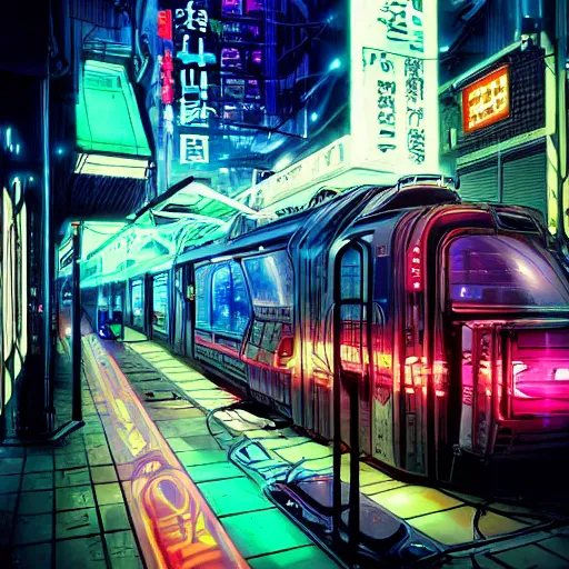 Prompt: neo tokyo ghost in the shell cyborg bar volumetric lighting neon train painted by tomas sanchez