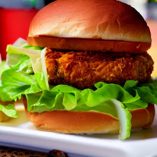 Image similar to a spicy crispy chicken burger, food photography, detailed, yum