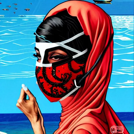 Image similar to a portrait of a saudi woman with side profile blood in ocean intricate details wearing a diver mask by MARVEL comics and Sandra Chevrier-C