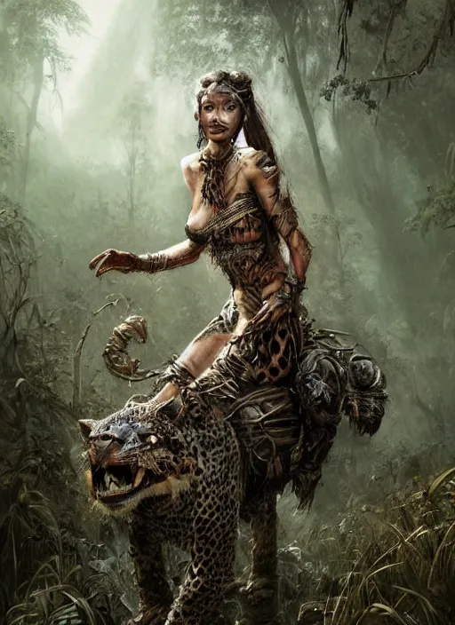 Image similar to a portrait of a very beautiful cute tribal woman riding a mutated jaguar in a post apocalyptic city overgrown with lush vegetation, by Luis Royo, by Greg Rutkowski, dark, gritty, intricate, backlit, strong rimlight, cover illustration, concept art, volumetric lighting, volumetric atmosphere, sharp focus, octane render, trending on artstation, 8k