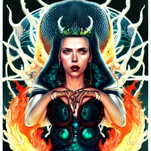 Prompt: lofi biopunk queen of hell portrait of scarlett johansson, fire and flame of hell serpent, Pixar style, by Tristan Eaton Stanley Artgerm and Tom Bagshaw.