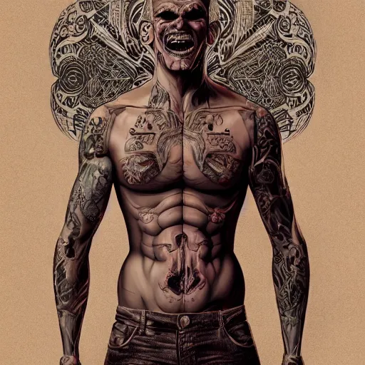 Image similar to tatted man laugh hard. matte, symmetrical anatomy, hyperdetailed, digital art, baroque, pop punk art style, fantasy, full body pictures, without duplication, art by artgerm and ilya kuvshinov and vinicius gud and gustavo zambelli, intricate, octane render.