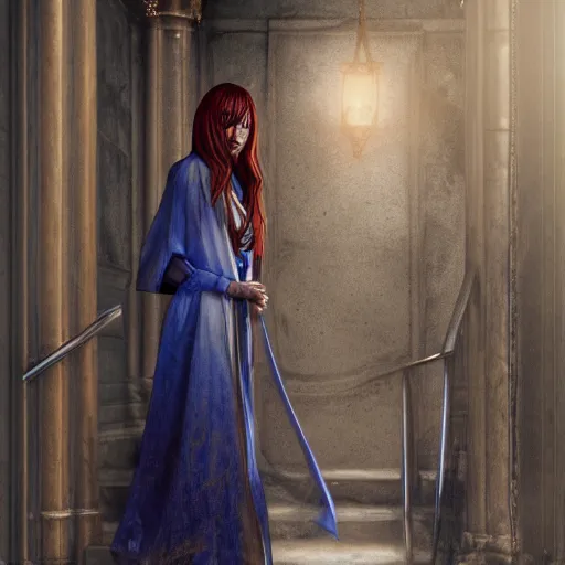 Prompt: maiden with copper hair, in blue and silver rustic wedding robes with metallic inlays, walking down a marble stairwell, realistic, mysterious lighting, muted colors, fog, highly detailed, digital painting, Artstation trending, illustration, artist style anime realism