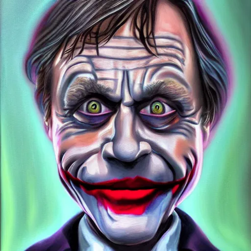 Image similar to mark hamill as the joker, portrait, oil painting, cartoon style