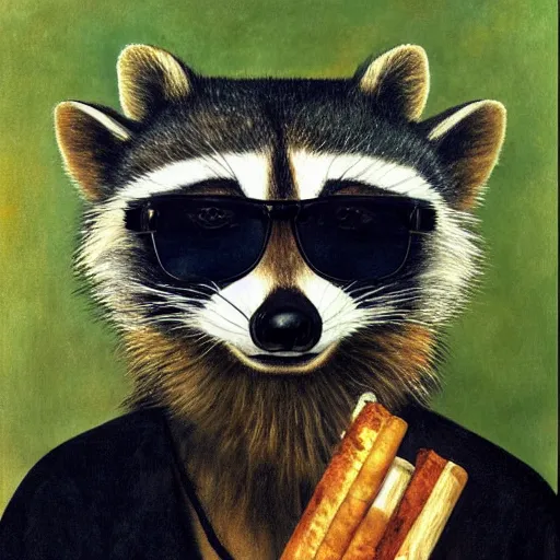Prompt: raccoon with cigarette in mouth, smoking, sunglasses portrait by Frida Kahlo