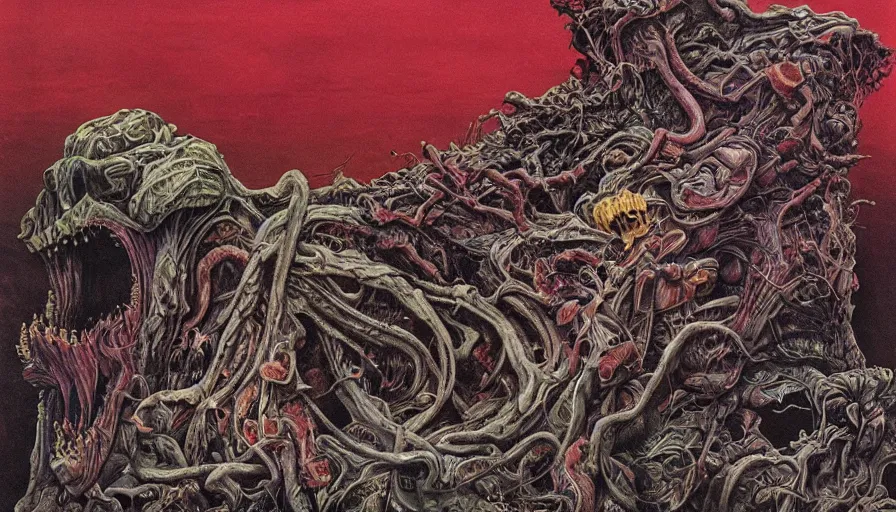 Prompt: madness creature, fluid, smooth, organic, crazy, bright, colours, tumours, dramatic, very detailed, intricate, by giger and corben and moebius and beksinski and bosch and bacon and junji ito