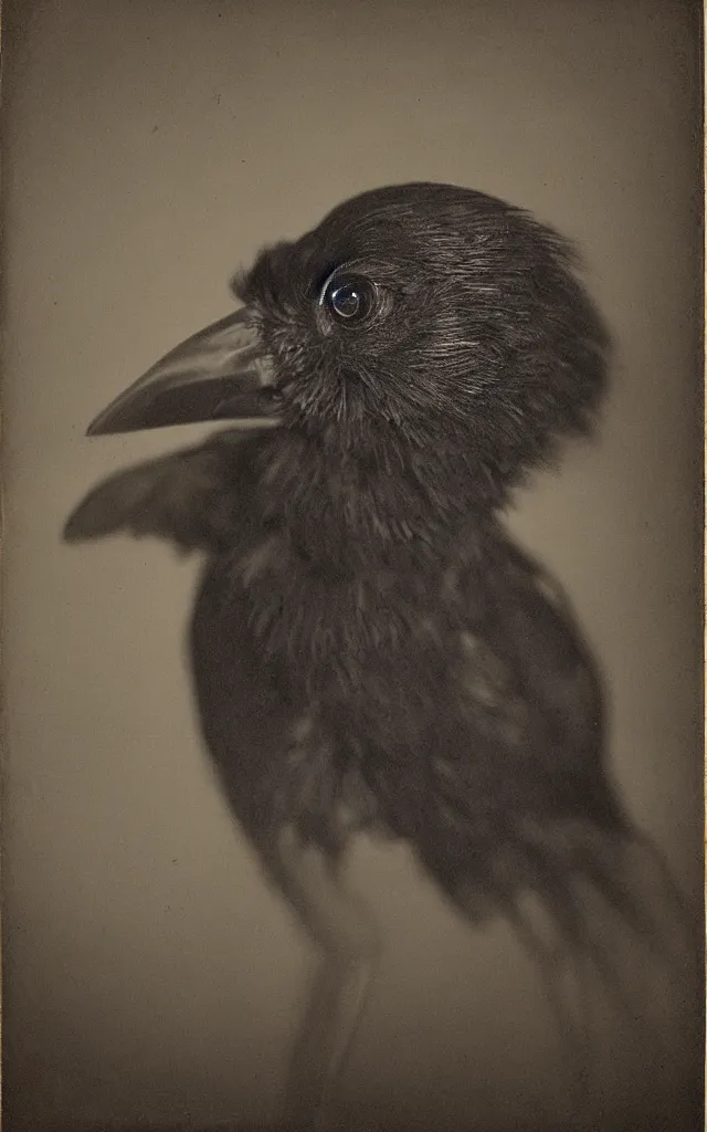 Image similar to portrait of a creepy human - crow hybrid, daguerreotype, studio lighting, hyperrealistic, ultra detailed